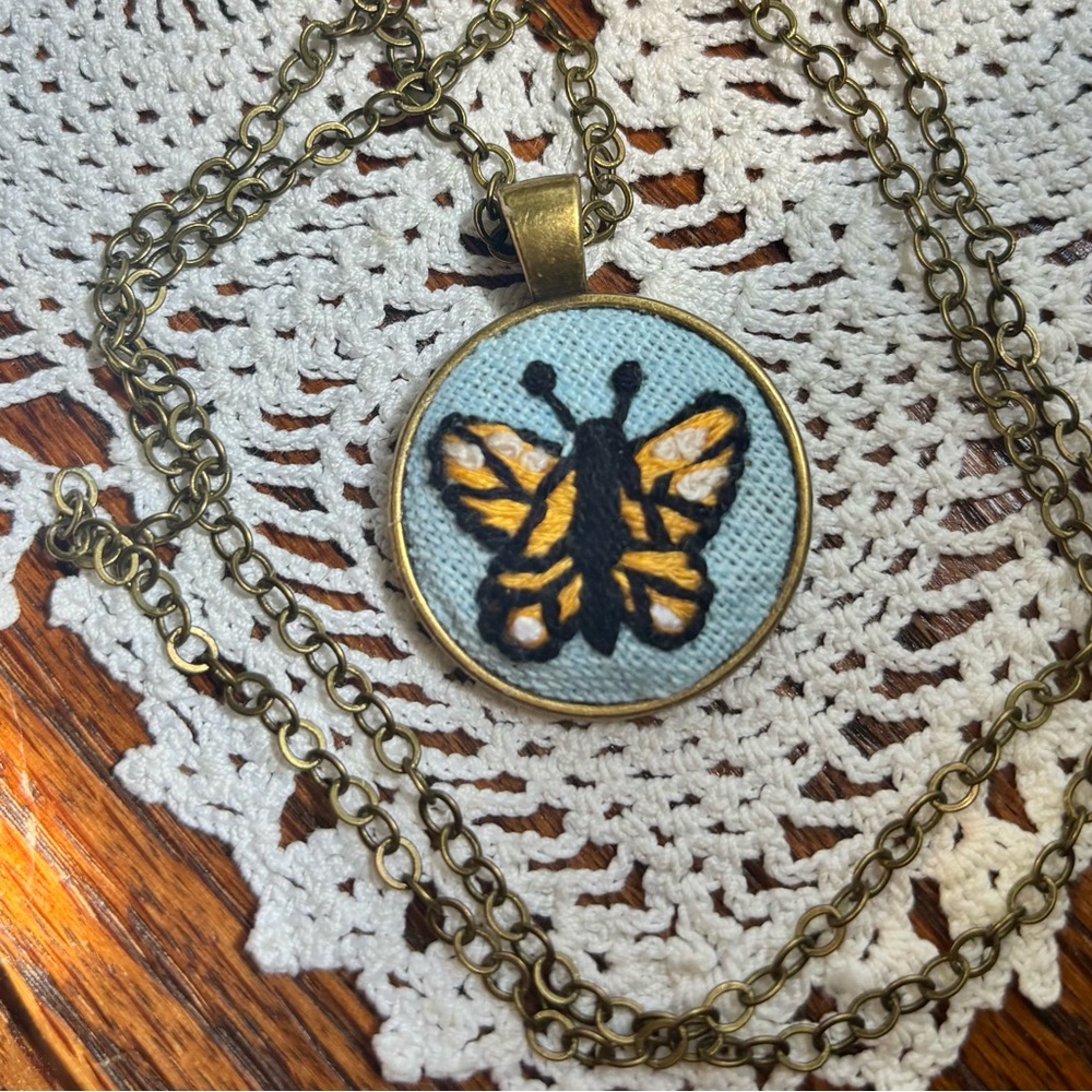 Embroidered Monarch Butterfly Pendant Necklace